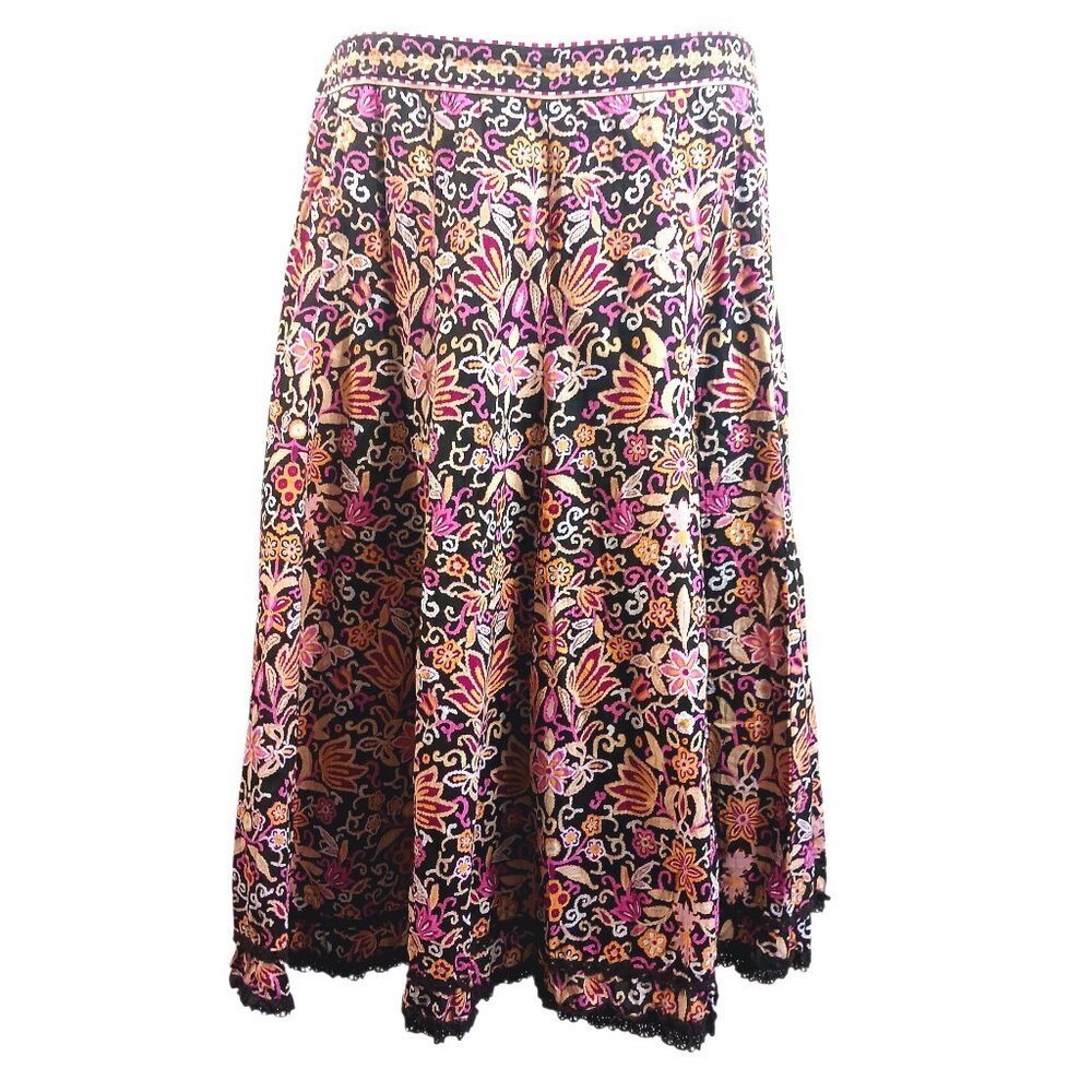 Gianni Bini, Boho Brown Floral Print Skirt, Size 12, Lace Trim, Cottage Core